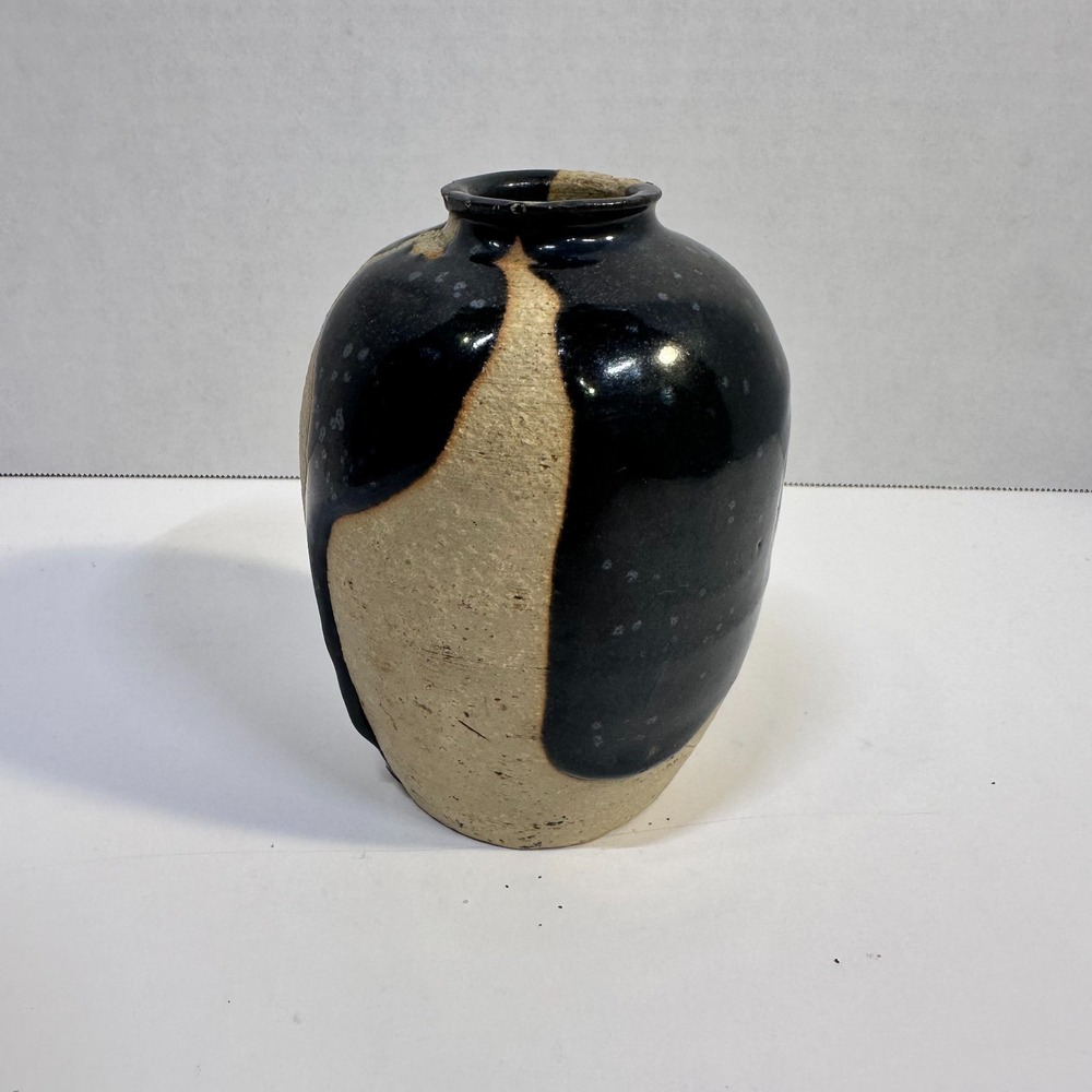 Vintage Studio Pottery Vase Black Glaze Tan Textured Stoneware Handmade Signed
